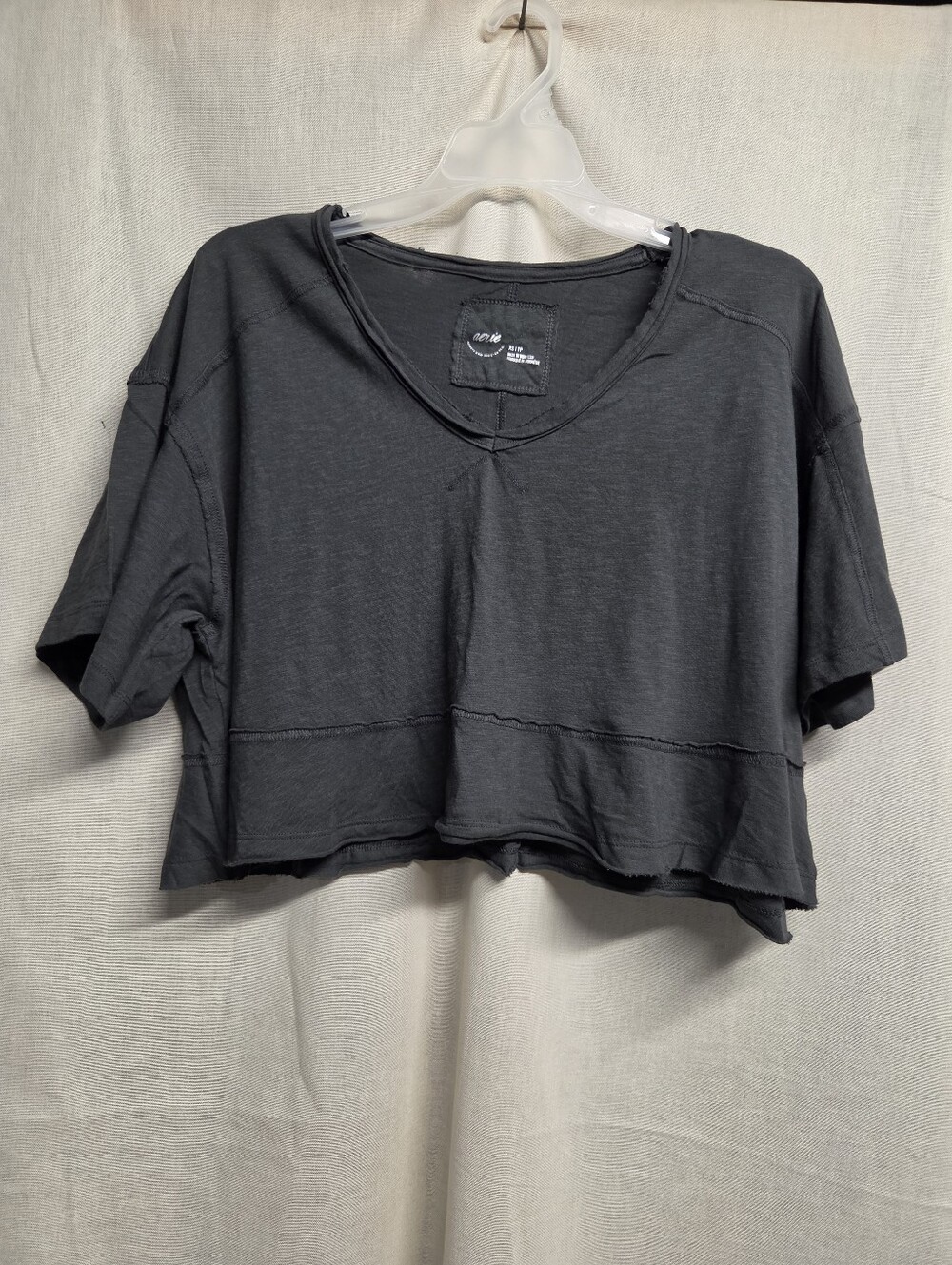 aerie Charcoal Raw-Hem Cropped V-Neck Tee